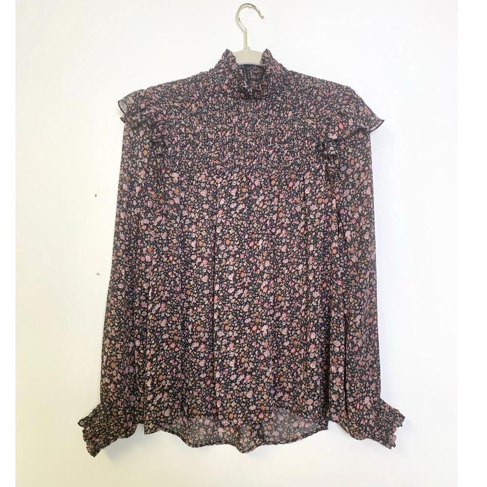 Black Floral Smocked Ruffle Neck Blouse Large Romantic Boho Flowy Feminine Top